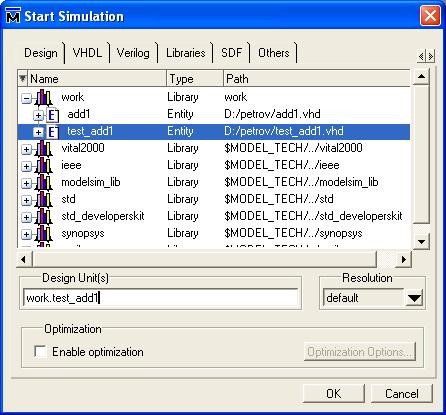 Окно Start Simulation для указания имени головной моделируемой программы ModelSim SE 6.1b