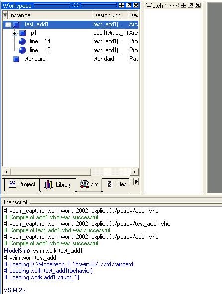 Закладка sim в окне Workspace ModelSim SE 6.1b